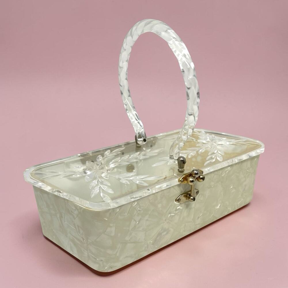 1950s Pearl Lucite Box Purse Carved Floral Top Handle Evening Handbag Vintage